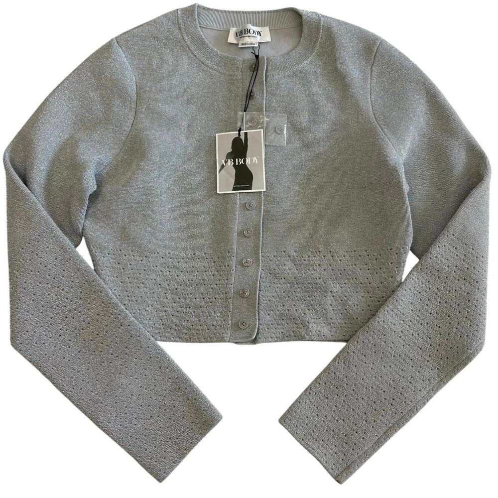 Victoria Beckham VB Body Cropped Silver Cardigan Sweater US 8 Old Money Luxury